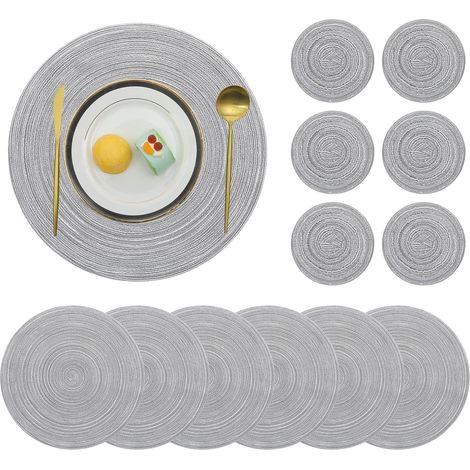 Lot de 6 sets de table ronds lavables, sous-verres tressés résistants à la chaleur, antidérapants pour salle à manger. (1/5)