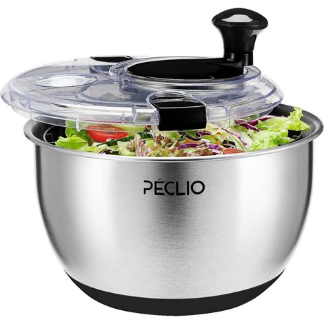 Grande Essoreuse à salade 4,5L en acier inoxydable 18/10 avec couvercle transparent, fond antidérapant - Salad Spinner avec mécanisme à manivelle - Sans BPA et passe au (1/5)