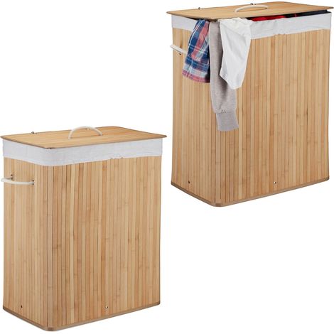 Corbeille à linge bambou avec couvercle, lot de 2, rectangulaire, 2 compartiments, volume de 95 litres, pliable, nature