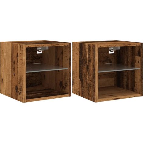 Lot de 2 meubles TV muraux avec étagère en verre et lumières LED design contemporain 30 x 28,5 x 30 cm en bois d'ingénierie vieux bois