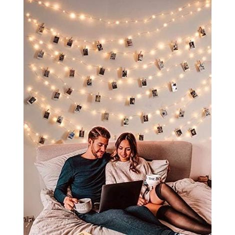 Guirlande Lumineuse À Piles - 50 LED - Avec 50 Pinces Transparentes Pour Photos - Décoration Murale Chambre Dortoir Mariage Fête - 1 Pièce