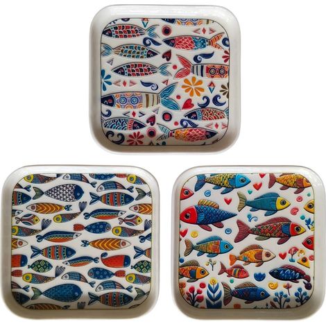 Set de 3 platos cuadrados de cerámica peces blanco 14 cm (1/3)