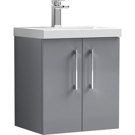 Balterley Modern Bathroom 2 Soft Close Door Wall Hung Vanity Unit & Rectangular Mid-Edge Basin, Satin Grey, 500 mm