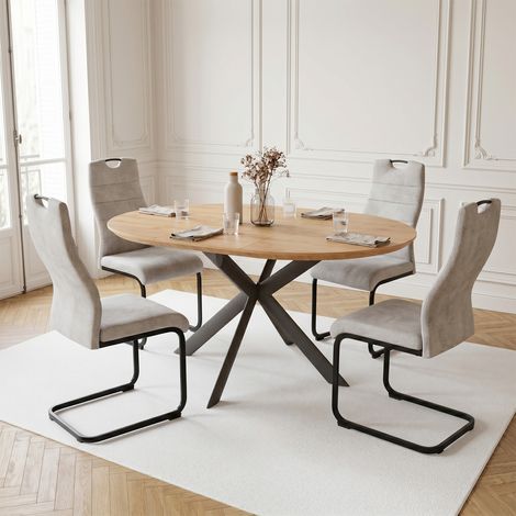 Ensemble de table à manger ronde extensible, plateau rond en MDF finition chêne (110-150 cm), style moderne et contemporain pour la salle à manger et la cuisine (4 chaises, Tissu, Gris Clair)