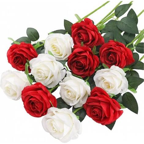 Künstliche Rosen – Seide – Langstielig – Weiß und Rot – Innendekoration für Hochzeiten, Partys und Zuhause – 12er-Pack (1/5)