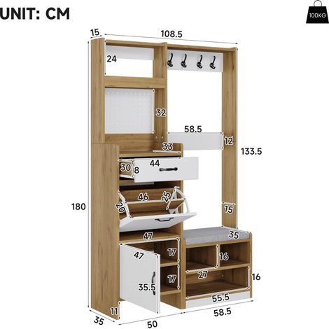 Meuble d'entrée moderne avec rangement pour chaussures et banc, penderie avec patères, 1 tiroir, 1 compartiment abattant et 1 porte, ainsi qu'un espace de rangement ouvert, chêne/blanc, 108,5 x 35 x 1 (1/4)