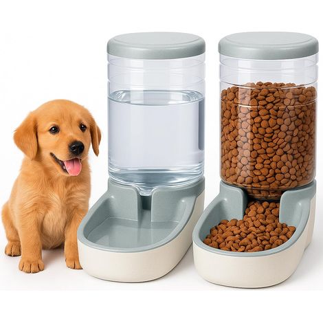 , Distributeur Croquettes Chat, Chien, Automatique, 2 Unités, 3.8 L, Gamelle à Nourriture et à Eau pour Animaux de Compagnie (Gris)