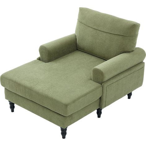 Fauteuil lounge moderne minimaliste en tissu chenille pour salon et chambre, pieds en bois, dossier et accoudoirs confortables, poches latérales de rangement (chenille vert olive) (1/5)