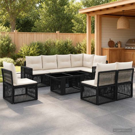 vidaXL Set Divano da Giardino 9 pz Nero e Bianco Crema polyrattan (1/5)