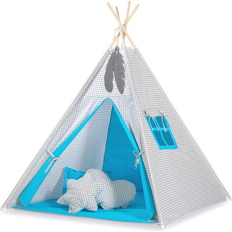 Tenda Tipi per bambini + pendenti di piume - Quadri grigio-turchesi (1/5)