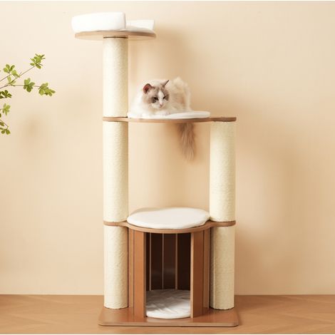 Arbre à chat 60x48x135 cm en MDF brun et blanc, 3 niveaux, gain de place – MEUBLIV (1/5)