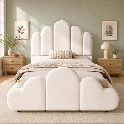 Letto imbottito singolo 216x106x89 cm, design a nuvola, con rete a doghe, velluto beige (1/5)