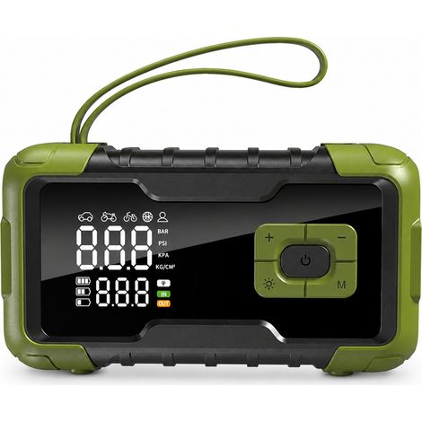 Compresseur d'air et booster de batterie 12V 2-en-1, pompe pneus et power bank urgence, vert (1/5)
