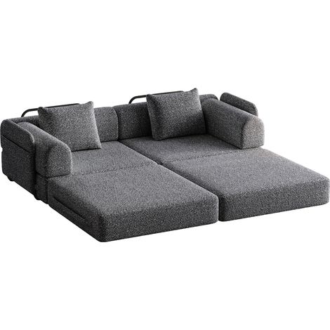 Divano letto 2 in 1 in ciniglia grigia con vano portaoggetti nel bracciolo e struttura in metallo (1/5)