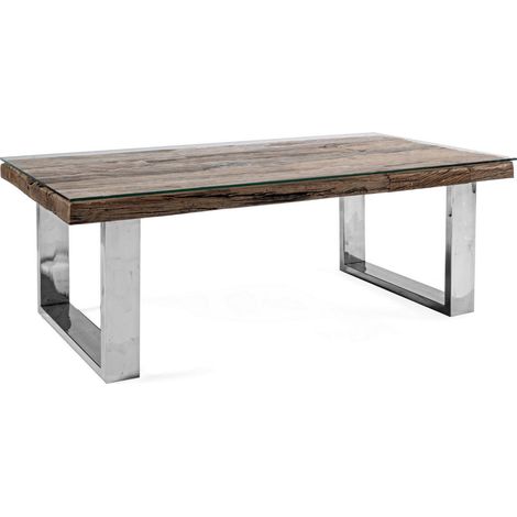 Table basse rectangulaire plateau bois massif recyclé et verre trempé sur pieds acier chromé Stany 100 cm 110 cm (1/5)