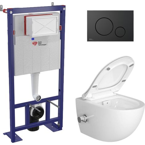 Swiss Aqua Technologies – Pack WC suspendu sans bride – Bâti-autoportant avec fonction bidet thermostatique – Abattant softclose – Plaque noir mat (1/5)