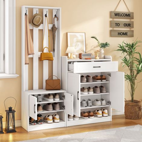 Set di armadio bianco 140,6 x 32 x 180 cm, pannello armadio per ingresso + scarpiera, finitura opaca, mobili per ingresso, stendibiancheria per ingresso, armadio per ingresso, set per cambiarsi le sca