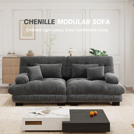 Canapé d’angle modulable luxueux – En L, canapé‑lit profond, pouf, velours côtelé chenille grise – Chic et polyvalent pour votre intérieur (1/5)