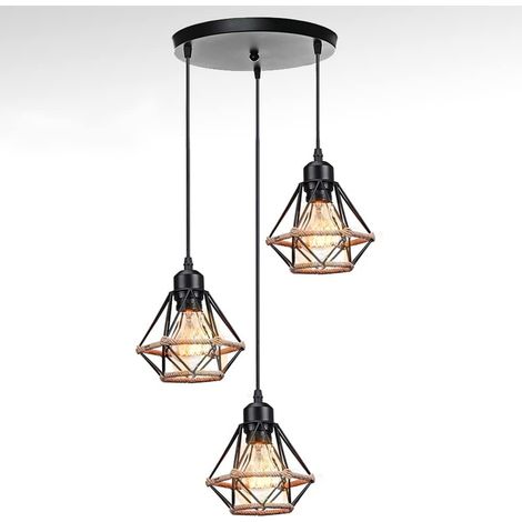 3 Luces STOEX Retro Lámpara de Techo Metal Jaula E27 Cuerda de Heno Iluminación de Techo para Salón Dormitorio Ø160mm E27 60W (Negro) (1/5)
