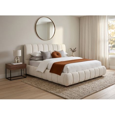 Lit double en tissu bouclette beige 180x200 cm RILEY (1/5)