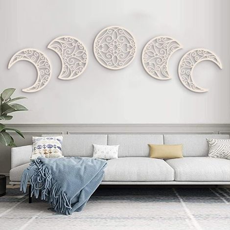 Nordic wood moon look natural interior design 5 pcs, bohemian bedroom decoration home wall decoration (Wood color)