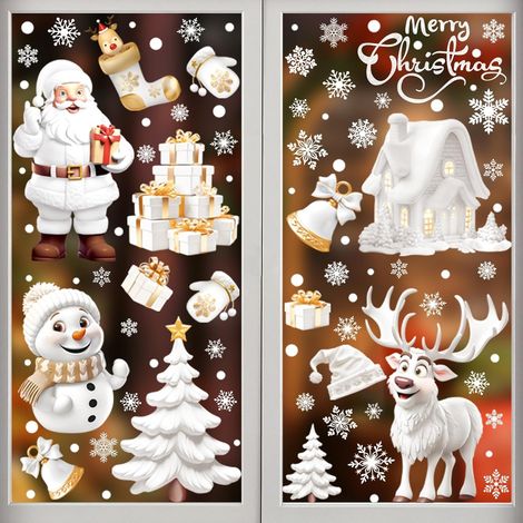 Autocollants Fenêtre Noël - Décoration Adhésive avec Flocons de Neige, Père Noël et Renne - Stickers Décoratifs sans Trace pour Vitre, Vitrine (1/5)