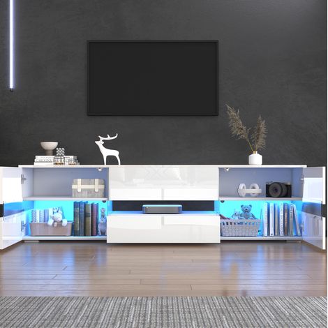 Meuble TV blanc 160 cm LED, 2 portes et 1 tiroir HAVRYA (1/5)