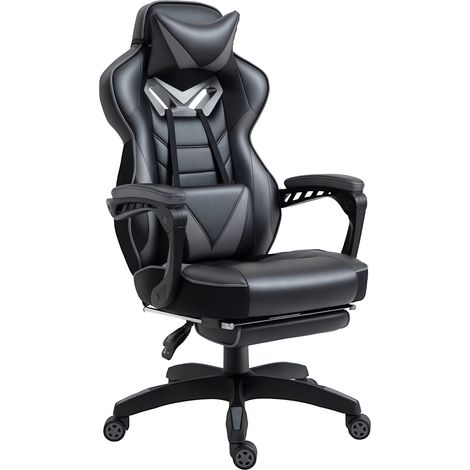 Vinsetto Computer Gaming Chair, Racing Desk Chair with Lumbar Support and Footrest, PU Leather Gamer Chair with Headrest and Swivel Wheels for Home, Grey