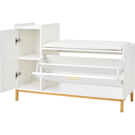 Banco zapatero con armario 100x38x68 cm con cojín y 2 estantes, blanco y dorado HOMVRA (1/5)