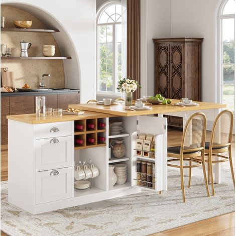 Table de bar extensible pivotante 360°, avec rangement, pour petite cuisine, 120-197x40x74 cm, MDF blanc (1/5)