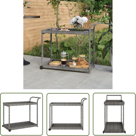 The Living Store Chariot de bar Gris 100x45x83 cm Résine tressée - Chariot De Service - Chariot Roulant - Meuble Multifonctionnel - Chariot De Bar - Décoration Intérieure (1/5)