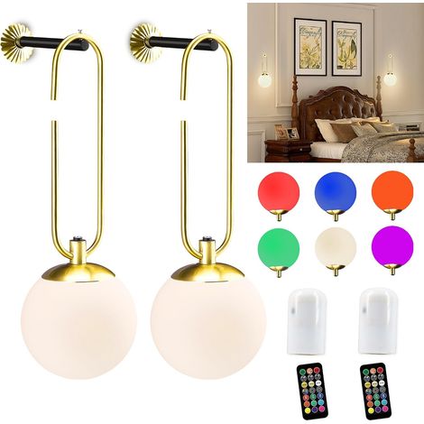 Applique Murales, 2 pièces Lampe Murale Sans Fil avec batterie rechargeable 12000mAh, boule de verre RGB à intensité réglable alimentée par batterie avec télécommande,150mm⌀ (1/5)