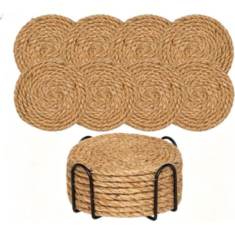 Juego de 8 posavasos absorbentes con base, de algodón, que miden 11 x 11 x 7,3 cm, de color marrón. (1/5)