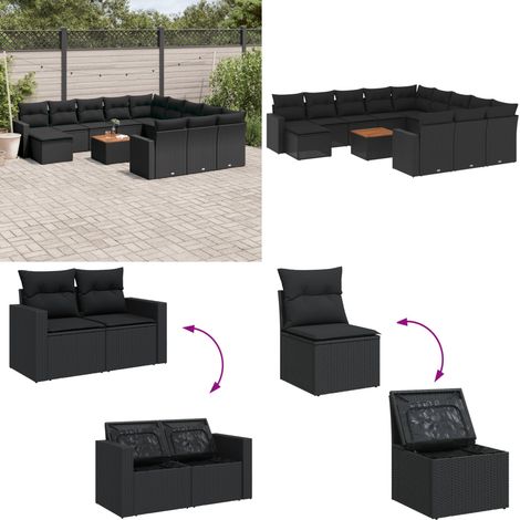 Salon de jardin avec coussins 13 pcs noir résine tressée - Salon De Jardin - Mobilier De Jardin - Set Salon Extérieur - Résine Tressée - Rotin Synthétique - Home & Living (1/5)