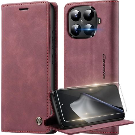 Coque pour Xiaomi 15T Pro 5G avec Verre Trempé Protection Écran, Étui Portefeuille Housse en Cuir Premium, et Porte Carte Coque Flip Case Étui pour Xiaomi 15T Pro 5G, Vin Rouge (1/5)