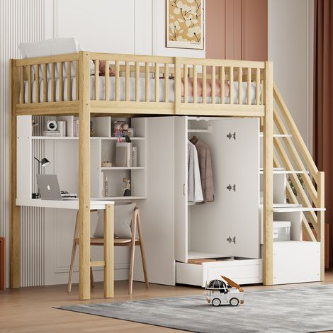 Cama alta 90 x 200 con armario, escritorio y almacenamiento madera blanca HAVRYA (1/5)
