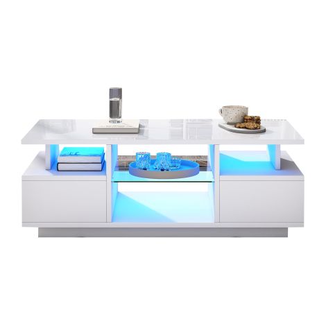 Table basse LED 100x50x36 cm en verre rangement ouvert blanc brillant