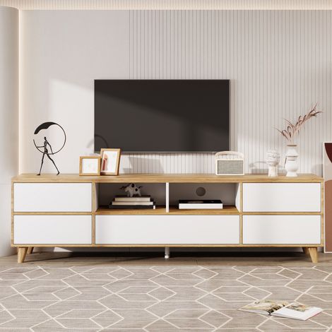 Meuble TV 175x37x51 cm, Banc TV de salon avec rangements et portes style campagne chic, en MDF et bois massif rustique, Blanc (1/5)
