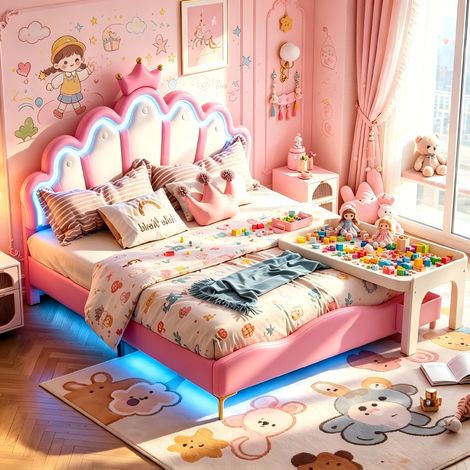 Lit Filles rembourré,lit princesse enfant 140x200 Lit double,Cadre de lit d'Enfant et d'Ado avec LED, tête de lit Couronne et réglable en Hauteur,Rose+Blanc, PU, MDF, sans matelas