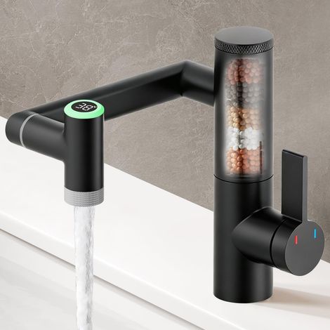 Robinet de salle de bain rotatif à 1080° avec filtre, robinets de lavabo avec indicateur de température, mitigeur monocommande pour lavabo, 2 modes de pulvérisation (avec filtre, noir mat) (1/5)