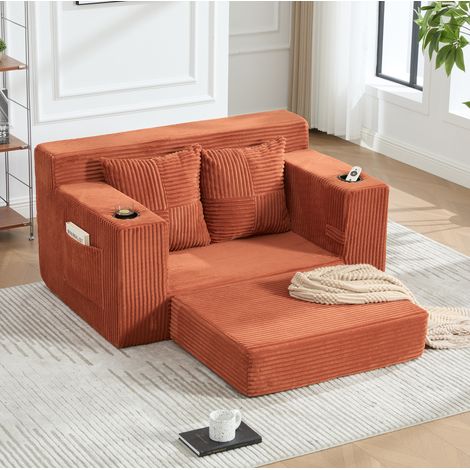 Sofa-Pouf 151/133/64 cm aus Cord in Orange mit 2 Kissen und Seitentaschen (1/5)