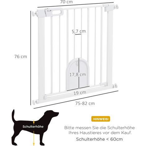 Barrière pour animaux réglable avec petite porte. métal. plastique. blanche (1/5)