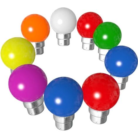 Lot de 9 ampoules bleues blanches rouges vertes jaunes orange B22 Incassables avec culot en fer
