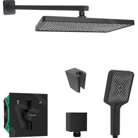 Set de douche encastré noir mat – Mitigeur hansgrohe DuoTurn E – Douche de tête 360x240mm 1 jet – Douchette 120x110mm 3 jets – SANI21HKK401