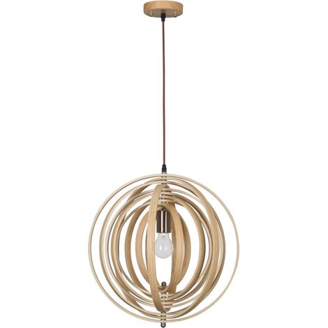 Merano Kansas Plafonnier Suspension Sphérique Bois Naturel Tissu Marron Câble LED E27