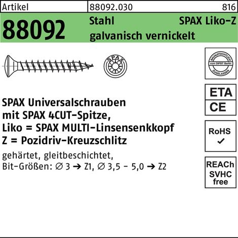 Spax Vis universelle nickelé,3,5 x 20 mm,1000 Stk. - vis sur bande