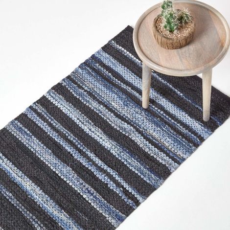 HOMESCAPES Texas Leather & Denim Woven Striped Blue Rug, 66 x 200 cm (1/4)