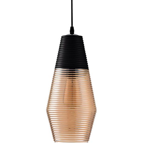 Lampe à Suspension Industrielle Moderne en Verre Ambre Strié, Plafonnier E27 Hauteur Réglable avec Abat-jour Noir et Ambre, Lampe Suspendue pour Cuisine Salle à Manger Chambre Bar (Φ1633cm) [Classe én