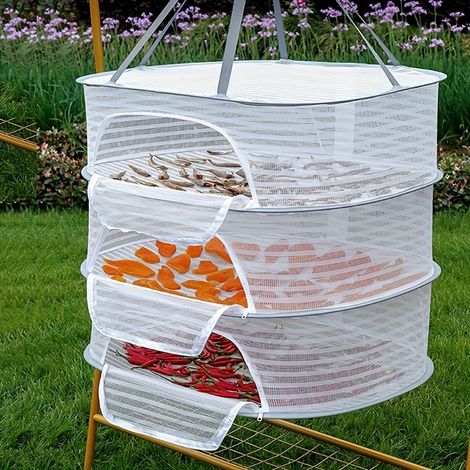 Séchoir légumes pliable 3 niveaux – maille, fermeture éclair – gain de place – pour herbes, fruits, poisson – cuisine, camping. (118 caractères) (1/5)