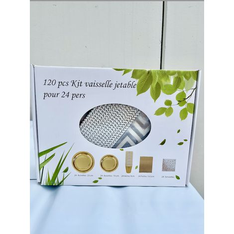 Kit de Vaisselle Jetable pour 24 Personnes - 120 Pièces - Argent Blanc (1/4)